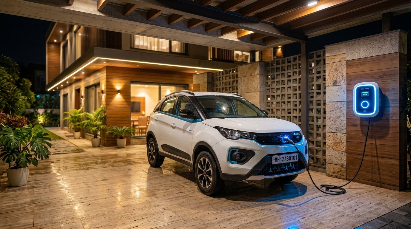 Electric vehicle charging at home carport with wallbox charger India